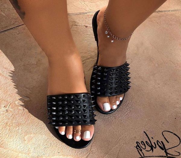 casual shoes flat sandals 2020 new rivet large slippers women's shoes nail, Black