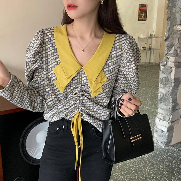 women's blouses & shirts print korean fashion long sleeve for women v neck puff ruched female clothing 2021 autumn x822, White