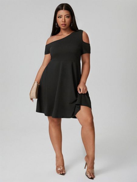 plus solid cut out a-line dress n4oa#, Black