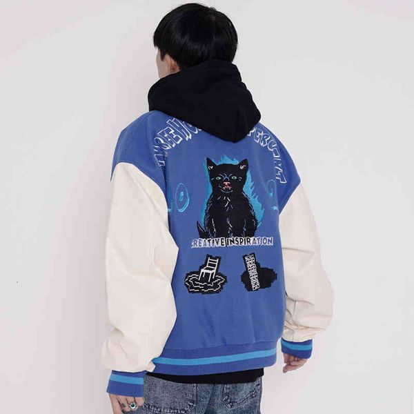men coat men's jackets cartoon cat embroidered baseball suit pu leather sleeve stitched stand collar jacket american fashion brand loos, Black;brown
men coat men's jackets cartoon cat embroidered baseball suit pu leather sleeve stitched stand collar jacket american fashion brand loos, Black;brown
