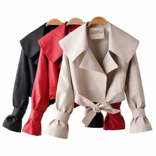 women's leather & faux personality short jacket women 2021 fall fashion loose skinny pu lapel bowknot waist 064, Black
women's leather & faux personality short jacket women 2021 fall fashion loose skinny pu lapel bowknot waist 064, Black