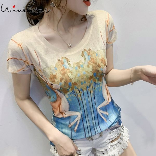 women's t-shirt summer european clothes print deer fashion women short sleeve casual tees bottoming shirt all match t14014a q, White
women's t-shirt summer european clothes print deer fashion women short sleeve casual tees bottoming shirt all match t14014a q, White