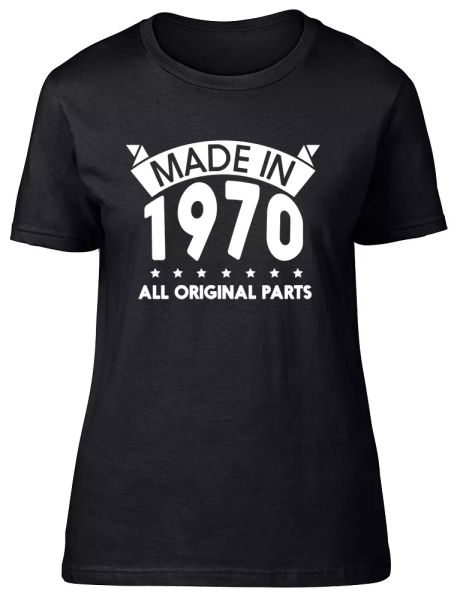 made in 1970, all original parts birthday womens ladies short sleeve t-shirt, White;black
made in 1970, all original parts birthday womens ladies short sleeve t-shirt, White;black