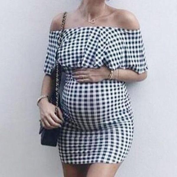 maternity dresses fashionable sassy shoulderless ruffles plaid short-sleeve dress women's clothing pregnant women arrival, White
maternity dresses fashionable sassy shoulderless ruffles plaid short-sleeve dress women's clothing pregnant women arrival, White