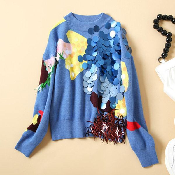 women's sweaters european and american clothing 2021 winter style long sleeve heavy sequins fashionable printed blue sweater, White;black
women's sweaters european and american clothing 2021 winter style long sleeve heavy sequins fashionable printed blue sweater, White;black