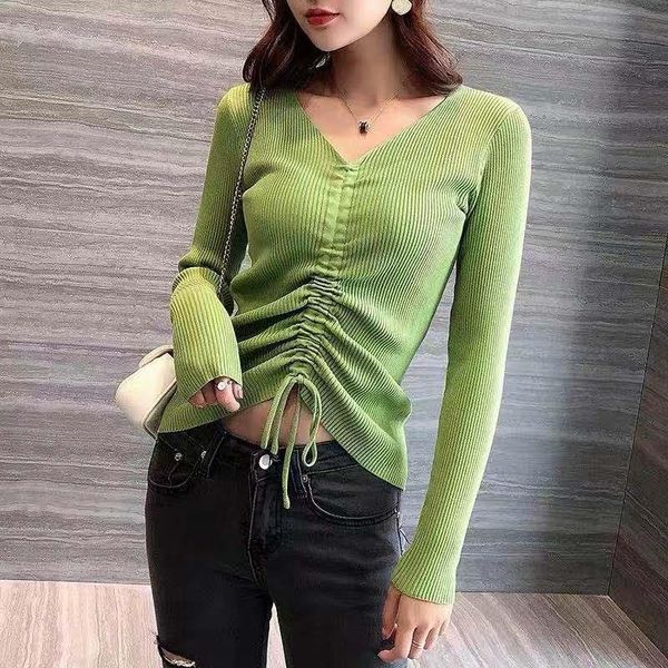 women's sweaters v neck lace up knitted women autumn ribbed long sleeve solid navel bare crop knitwear jumper, White;black 
women's sweaters v neck lace up knitted women autumn ribbed long sleeve solid navel bare crop knitwear jumper, White;black