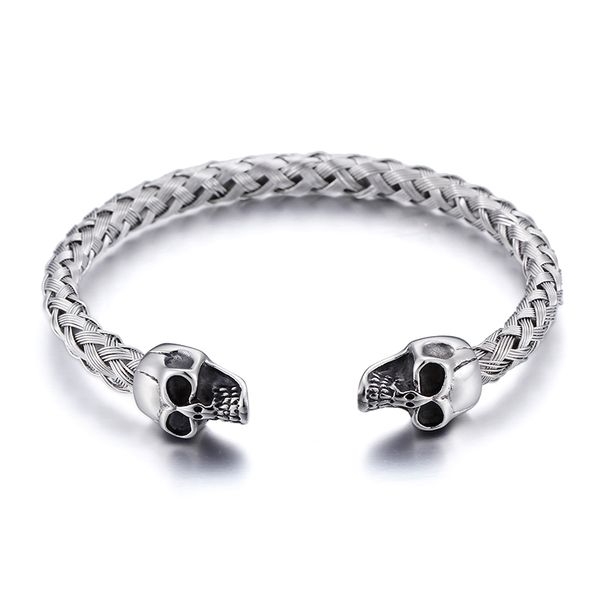 silver stainless steel cuff bangle biker double skull head end open bracelet knot wire chain, Black
silver stainless steel cuff bangle biker double skull head end open bracelet knot wire chain, Black