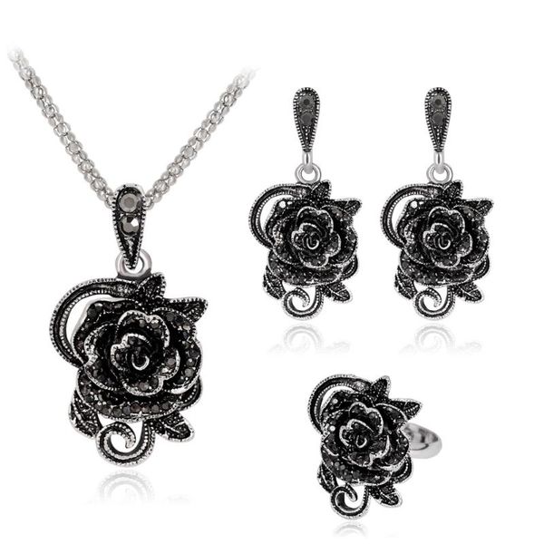 earrings & necklace vintage black rose jewelry sets wedding bridal ring earring set for women elegant prom party jewellery accessories, Silver
earrings & necklace vintage black rose jewelry sets wedding bridal ring earring set for women elegant prom party jewellery accessories, Silver
