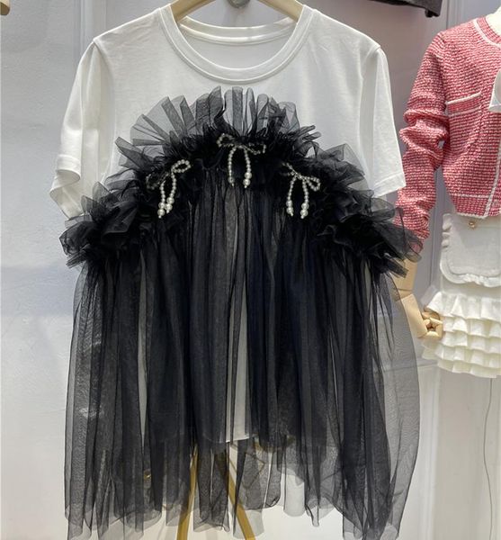 women's t-shirt fashion tee shirts black mesh stitching pearl bow beaded short sleeve all-match white girls ladies loose top
women's t-shirt fashion tee shirts black mesh stitching pearl bow beaded short sleeve all-match white girls ladies loose top