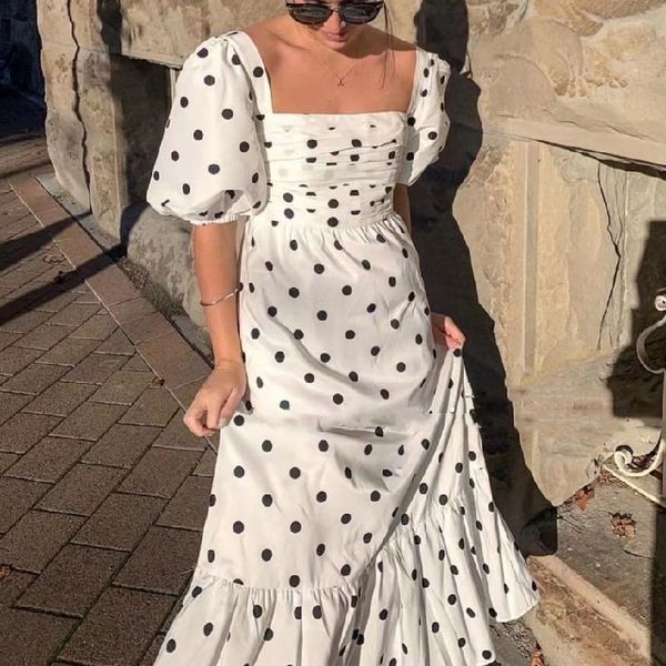 party dresses 2021 summer polka dot print women midi dress square collar puff sleeve slim waist ladies pleated ruffles trim long robe, White;black
party dresses 2021 summer polka dot print women midi dress square collar puff sleeve slim waist ladies pleated ruffles trim long robe, White;black