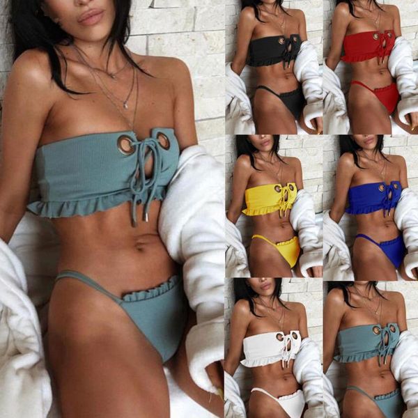 women's swimwear style women push-up padded bra bandage bikini set swimsuit triangle bathing solid strapless thong swimsuits, White;black
women's swimwear style women push-up padded bra bandage bikini set swimsuit triangle bathing solid strapless thong swimsuits, White;black