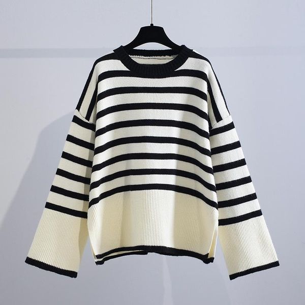 women's sweaters white and black striped knitted women sweater pullovers autumn design 2021 flare sleeved loose female pulls outwear, White;black
women's sweaters white and black striped knitted women sweater pullovers autumn design 2021 flare sleeved loose female pulls outwear, White;black