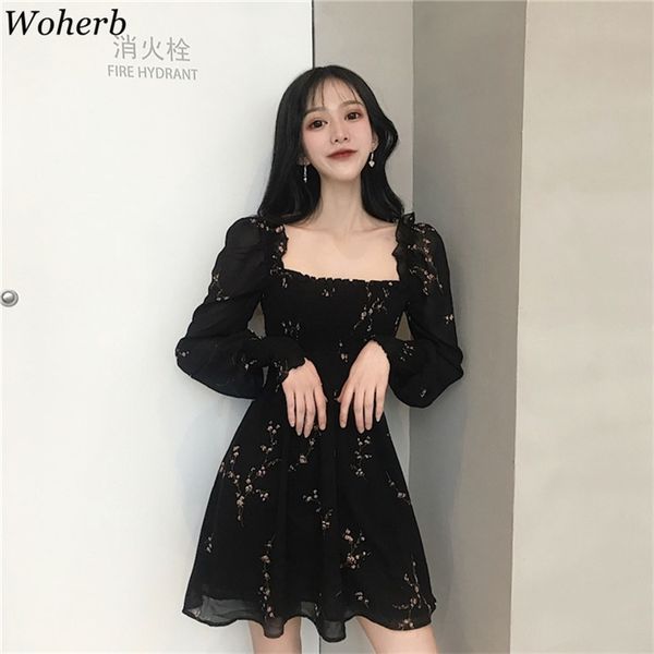 woherb 2021 summer womens black dress vintage flower long puff sleeve chiffon dresses korean casual mini vestidos mujer 21593, Black;gray 
woherb 2021 summer womens black dress vintage flower long puff sleeve chiffon dresses korean casual mini vestidos mujer 21593, Black;gray
