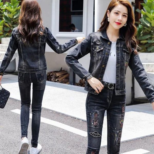 women's two piece pants retro embroidered denim jacket two-piece female 2021 spring and autumn fashion slim was thin stretch trousers s, White
women's two piece pants retro embroidered denim jacket two-piece female 2021 spring and autumn fashion slim was thin stretch trousers s, White