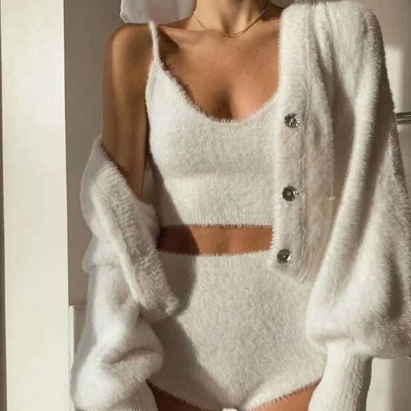 women's tracksuits european and american wear 2021 plush mohair suit v-neck strap + high-waisted shorts diamond button cardigan coat, Gray
women's tracksuits european and american wear 2021 plush mohair suit v-neck strap + high-waisted shorts diamond button cardigan coat, Gray
