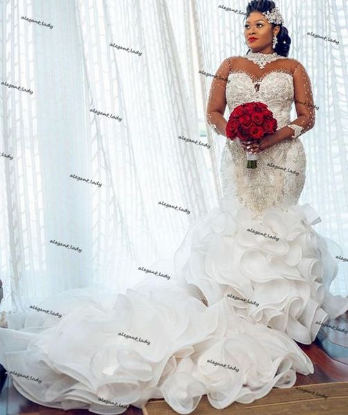 luxury plus size african wedding dresses arabic aso ebi crystal beaded illusion long sleeve ruffles cathedral train bridal dress, White
luxury plus size african wedding dresses arabic aso ebi crystal beaded illusion long sleeve ruffles cathedral train bridal dress, White