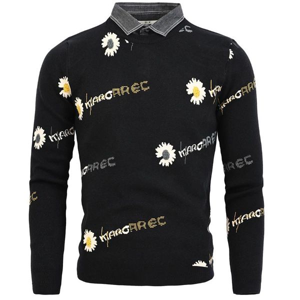men's sweaters 2021 autumn winter stitching embroidery lapel pullover slim hip hop long sleeve sweater, White;black
men's sweaters 2021 autumn winter stitching embroidery lapel pullover slim hip hop long sleeve sweater, White;black