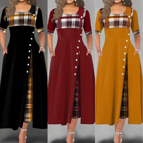 elegant summer autumn maxi women dresses o neck short sleeve plaid splicing button casual party long lady robe, Black;gray
elegant summer autumn maxi women dresses o neck short sleeve plaid splicing button casual party long lady robe, Black;gray