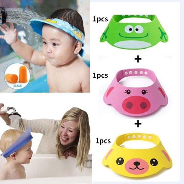wide brim hats 3pc/set kids baby shampoo cap cartoon bathing shower wash hair shield soft security waterproof ear protection, Blue;gray