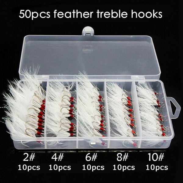 50pcs fishing treble hooks white feather disguise lure dressed 2/4/6/8/10# tackle 5 size*10pcs fsihing bait
50pcs fishing treble hooks white feather disguise lure dressed 2/4/6/8/10# tackle 5 size*10pcs fsihing bait