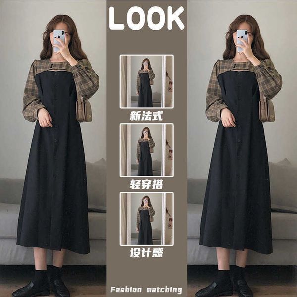 large fat sister french stitched plaid fake two-piece drs with slim waist dign and temperament long skirt, Black;gray
large fat sister french stitched plaid fake two-piece drs with slim waist dign and temperament long skirt, Black;gray