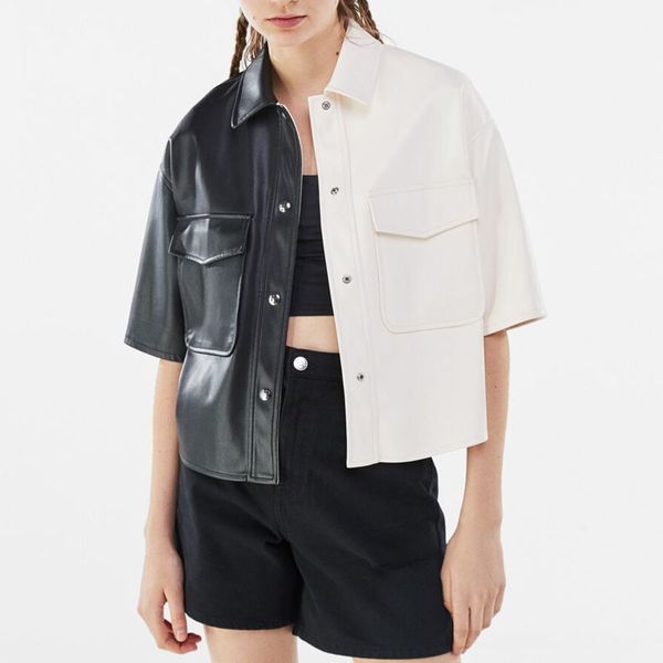 short color contrast chic women's shirt with pu stitching harajuku lapel female 210507, White
short color contrast chic women's shirt with pu stitching harajuku lapel female 210507, White