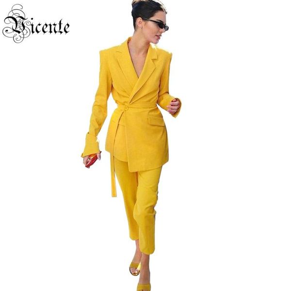 women's suits & blazers vicente 2021 all arrival two pieces set sashes design long sleeves turn-down collar celebrity party pants suit, White;black
women's suits & blazers vicente 2021 all arrival two pieces set sashes design long sleeves turn-down collar celebrity party pants suit, White;black