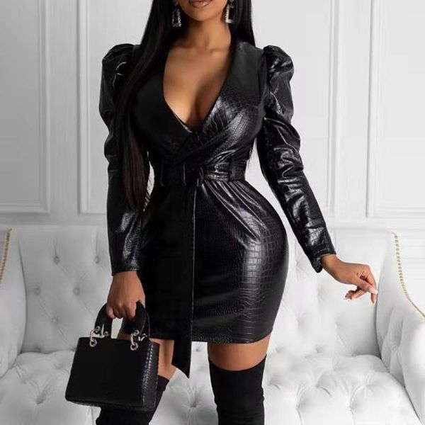 casual dresses pu leather dress v-neck long sleeve belt lace up black bodycon classic street ladies outwear, Black;gray
casual dresses pu leather dress v-neck long sleeve belt lace up black bodycon classic street ladies outwear, Black;gray