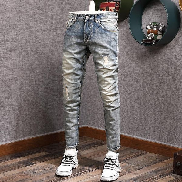 men's jeans european casual fashion men elastic slim fit ripped patchwork vintage designer cotton denim pants, Blue
men's jeans european casual fashion men elastic slim fit ripped patchwork vintage designer cotton denim pants, Blue