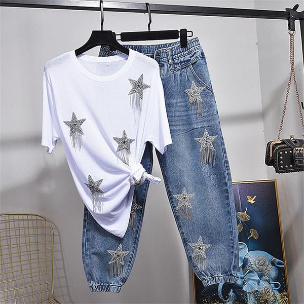 summer fashion pentagram tassel drill women short sleeve cotton t-shirt + high waist jeans 2 piece set h177 two dress, White
summer fashion pentagram tassel drill women short sleeve cotton t-shirt + high waist jeans 2 piece set h177 two dress, White