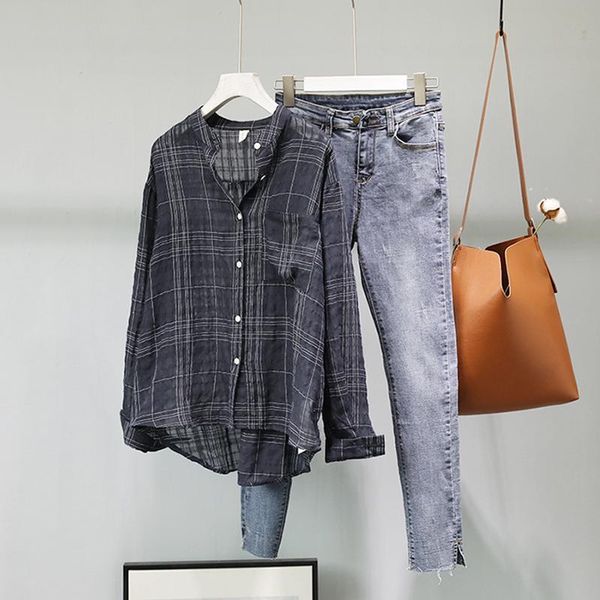 women's blouses & shirts 2021 spring summer plaid shirt stand collar loose all-match art retro female clothes casual long sleeved cardi, White
women's blouses & shirts 2021 spring summer plaid shirt stand collar loose all-match art retro female clothes casual long sleeved cardi, White