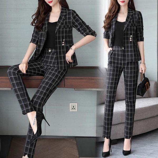 women's two piece pants plaid fashion long-sleeved professional suit female 2021 autumn temperament slim feet sets of tide, White
women's two piece pants plaid fashion long-sleeved professional suit female 2021 autumn temperament slim feet sets of tide, White