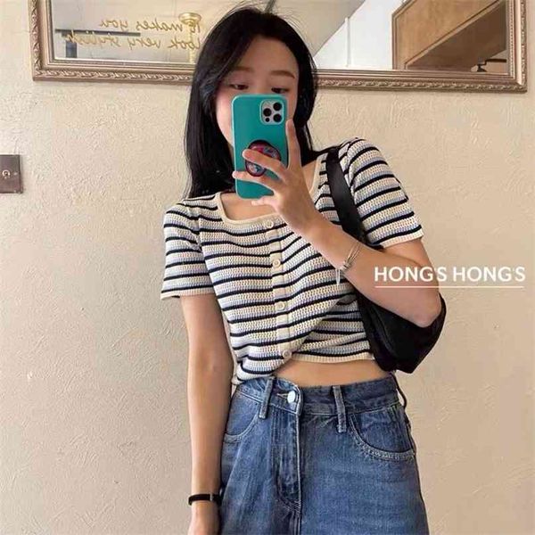 ice silk sweater korean fashion slim-fit striped t-shirt summer square neck short-sleeved thin women's clothing 210520, White;black
ice silk sweater korean fashion slim-fit striped t-shirt summer square neck short-sleeved thin women's clothing 210520, White;black