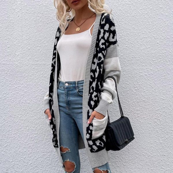 women's knits & tees women sweaters winter clothes leopard print sweater mid-length color-block cardigan pull femme oversized, White
women's knits & tees women sweaters winter clothes leopard print sweater mid-length color-block cardigan pull femme oversized, White
