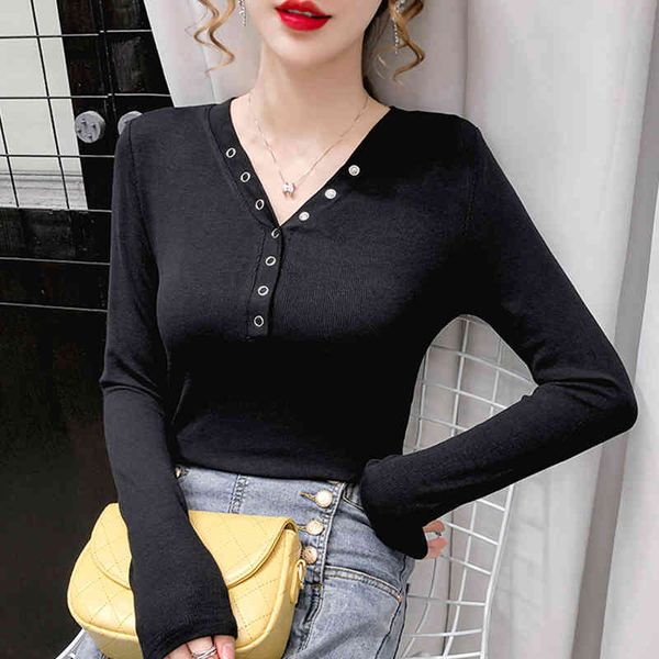 women's t-shirt shintimes v-neck woman tshirts autumn slim t shirt long sleeve women clothing casual rivet winter veteme, White
women's t-shirt shintimes v-neck woman tshirts autumn slim t shirt long sleeve women clothing casual rivet winter veteme, White