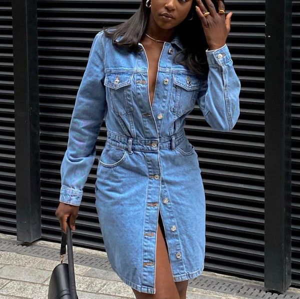 casual dresses blue jeans dress denim for women 2021 autumn winter single brested pocket full sleeve fashion elegant evening night, Black;gray
casual dresses blue jeans dress denim for women 2021 autumn winter single brested pocket full sleeve fashion elegant evening night, Black;gray
