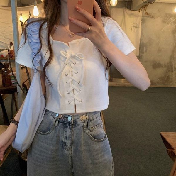 women's t-shirt large size short sleeve summer versatile thin french square collar bandage design, White
women's t-shirt large size short sleeve summer versatile thin french square collar bandage design, White