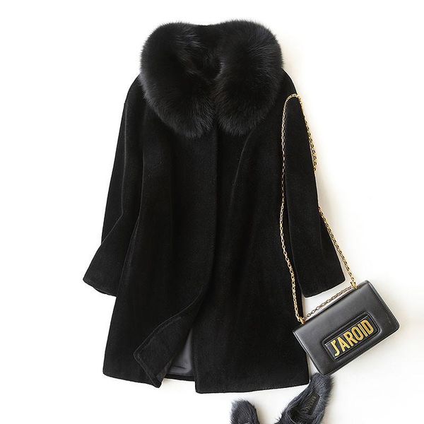 women's fur & faux natural 2021 sheep shearing coat with real collar winter jacket women medium length warm overcoat 17168, Black
women's fur & faux natural 2021 sheep shearing coat with real collar winter jacket women medium length warm overcoat 17168, Black
