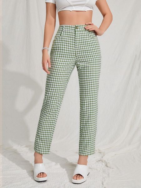gingham print high waist pants m9cs#, Black;white