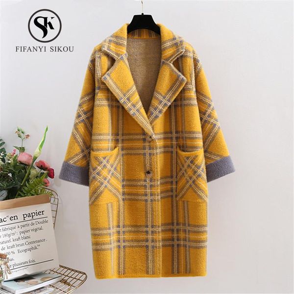 women's sweaters autumn winter plaid mink cashmere coats knitting sweater long cardigan coat women loose warm thick outerwear womens, White;black
women's sweaters autumn winter plaid mink cashmere coats knitting sweater long cardigan coat women loose warm thick outerwear womens, White;black