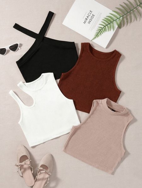 4pcs solid ribbed crop v51u#, White
