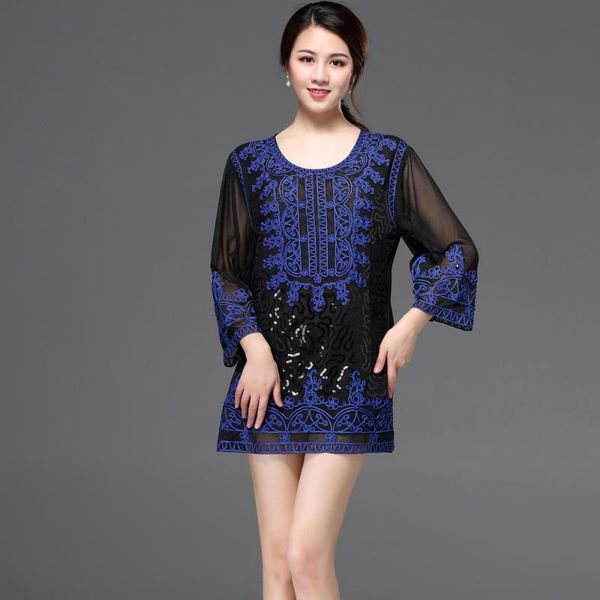 women's blouses & shirts large size 4xl 5xl big mama vintage sequin shirt embellished appliques floral summer mesh long straight tunic, White 
women's blouses & shirts large size 4xl 5xl big mama vintage sequin shirt embellished appliques floral summer mesh long straight tunic, White