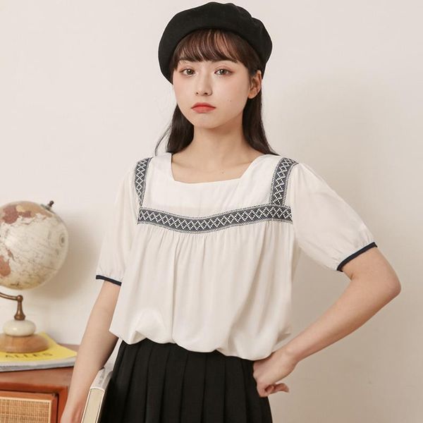 women's t-shirt chic khaki 2021 loose embroidered square collar short sleeve shirt mixed color stripe students hong kong style, White
women's t-shirt chic khaki 2021 loose embroidered square collar short sleeve shirt mixed color stripe students hong kong style, White