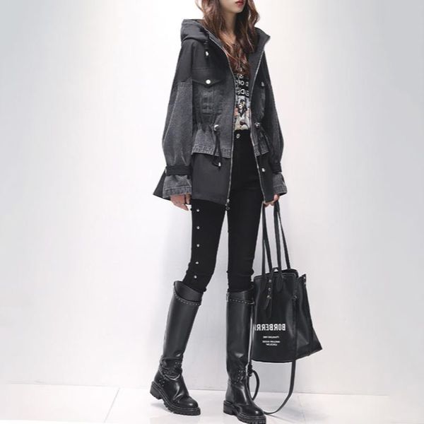 women's jackets jacket women mid-length 2021 spring and autumn style korean loose stitching denim chaquetas mujer, Black;brown
women's jackets jacket women mid-length 2021 spring and autumn style korean loose stitching denim chaquetas mujer, Black;brown