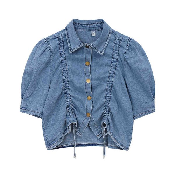 women denim shirt blue turn down collar short sleeve button spring summer puff drawstring b0666 210514, White
women denim shirt blue turn down collar short sleeve button spring summer puff drawstring b0666 210514, White
