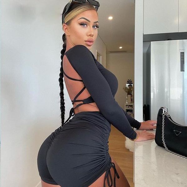 yoga outfit fitness set for women tether strap sportswear long sleeve crop and shorts active wear two piece