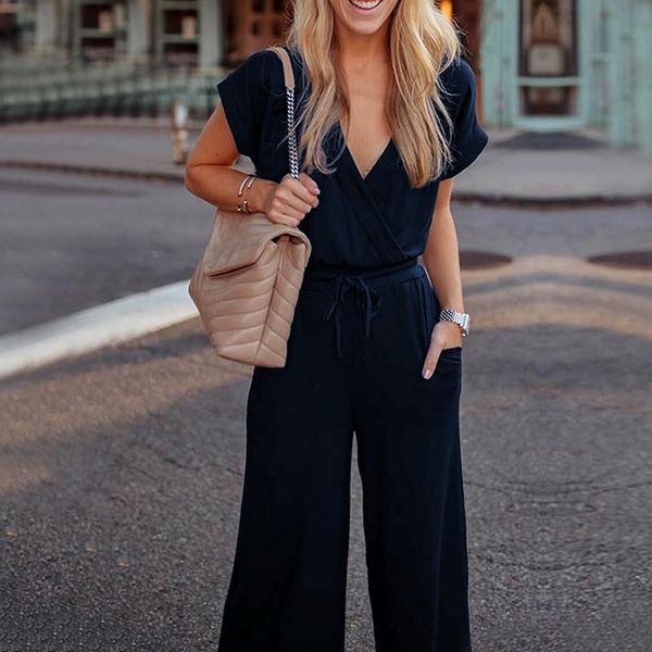 women's jumpsuits & rompers 2021 v neck solid office lady jumpsuit women short sleeve summer high waist long pants with pockets combina, Black;white 
women's jumpsuits & rompers 2021 v neck solid office lady jumpsuit women short sleeve summer high waist long pants with pockets combina, Black;white