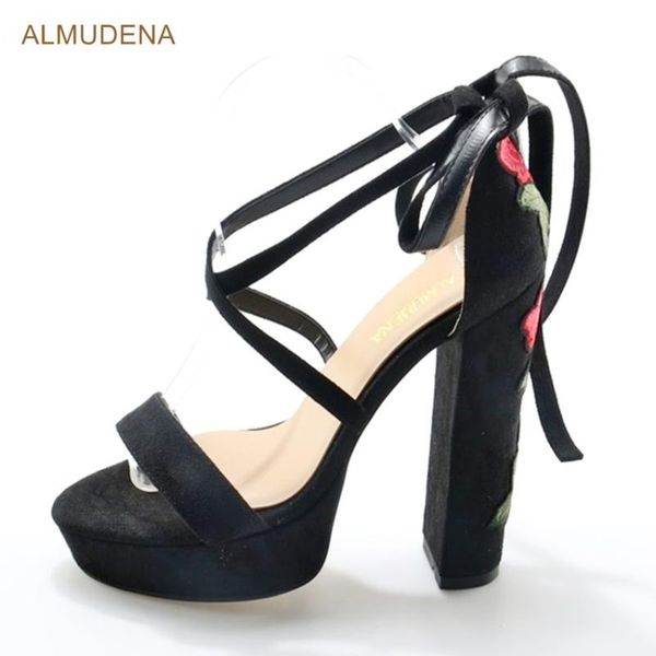 customized est selling floral embroidered lace up chunky heels black suede platform sandals red flowers
customized est selling floral embroidered lace up chunky heels black suede platform sandals red flowers