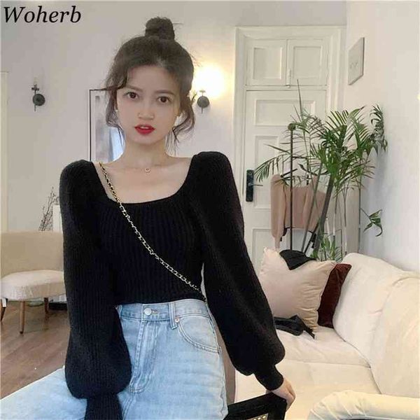 woherb cropped knitwear pullovers fall woman sweaters for women square collar lantern sleeve jumper sweet sueter mujer 210914, White;black
woherb cropped knitwear pullovers fall woman sweaters for women square collar lantern sleeve jumper sweet sueter mujer 210914, White;black
