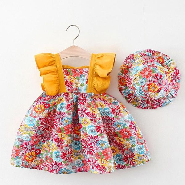 girl's dresses girls princess 2021 summer kids floral korean fashion flying sleeve children party costumes hat clothes outfits, Red;yellow 
girl's dresses girls princess 2021 summer kids floral korean fashion flying sleeve children party costumes hat clothes outfits, Red;yellow